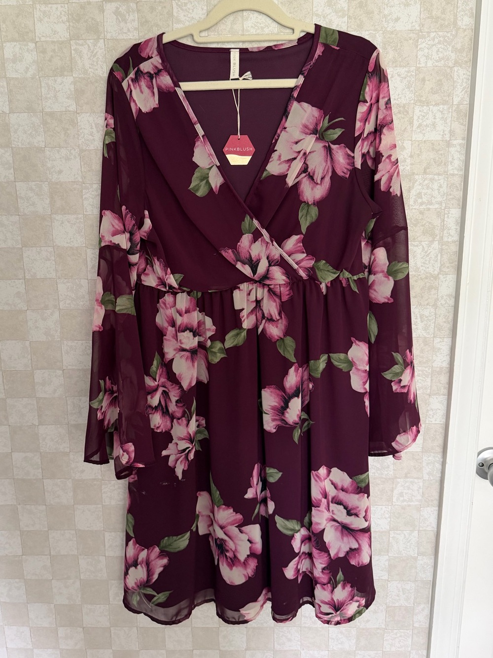 NWT PinkBlush Maternity Floral Wrap V-Neck Dress - Burgundy with Pink Blossoms